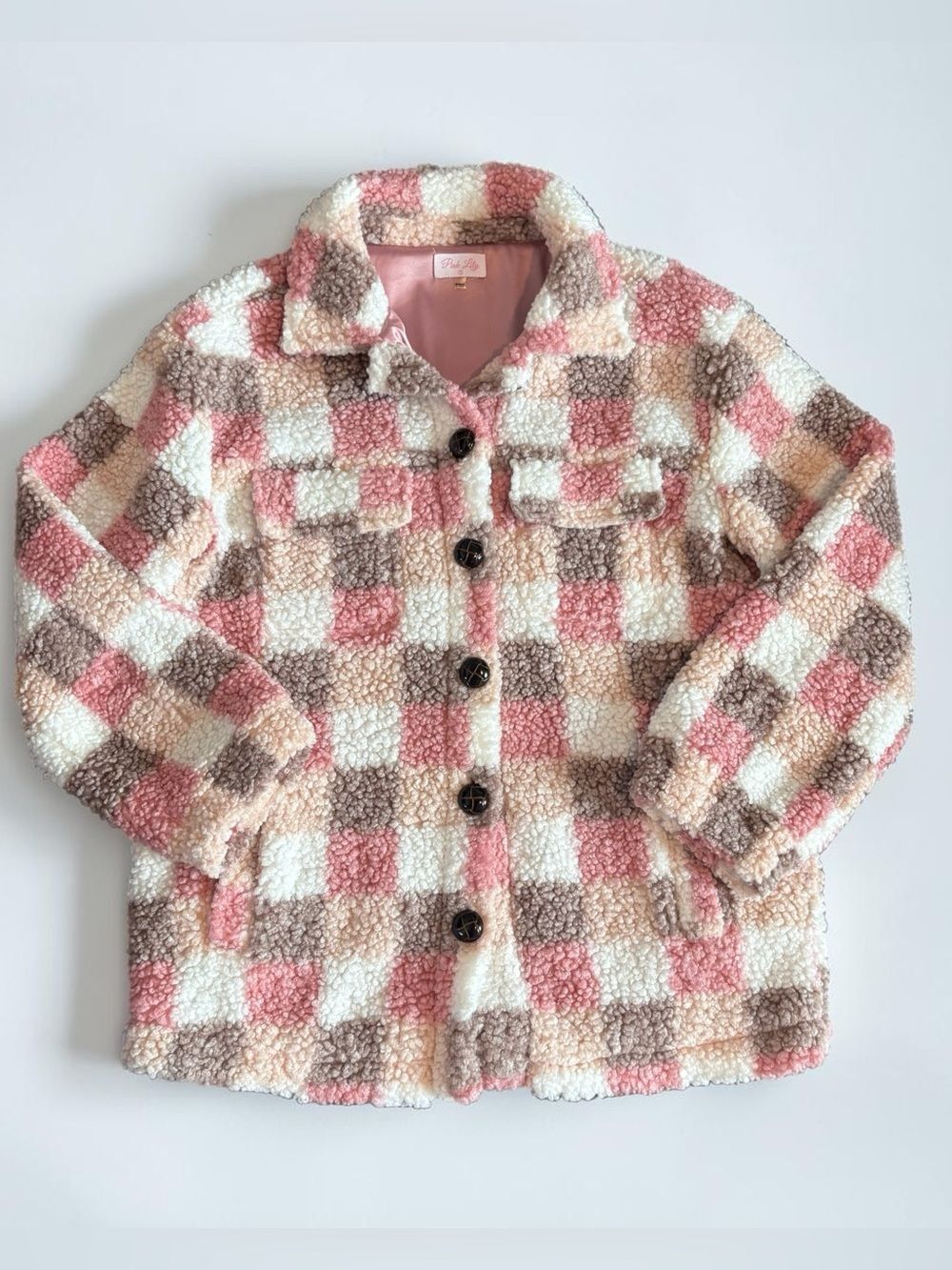 Pink Lily Sherpa Shacket Jacket Pink Plaid Button Front Size Small